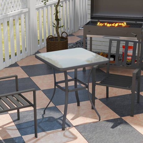 Outsunny Square Garden Table, Outdoor Coffee Table with Tempered Glass Top, Bar Bistro Dining Table, Metal Frame for Patio, Balcony, 68.5 x 68.5 x 84cm