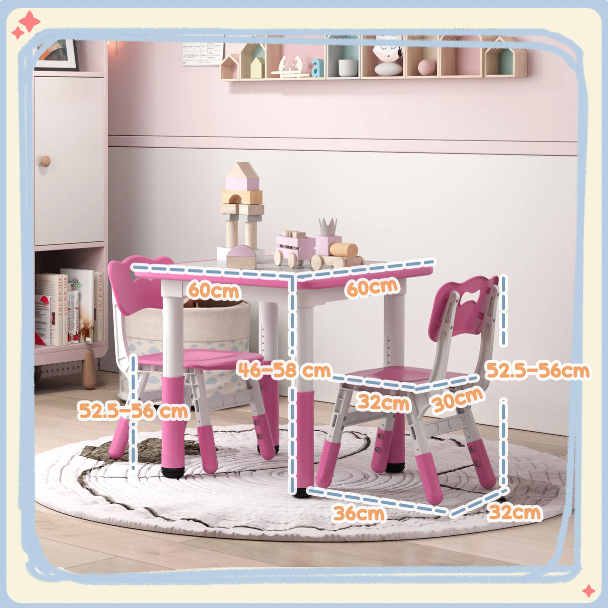 AIYAPLAY Height Adjustable Toddler Table and Chair Set, 3-Piece Children Activity Table w/ 2 Chairs for Playroom, Bedroom - Pink