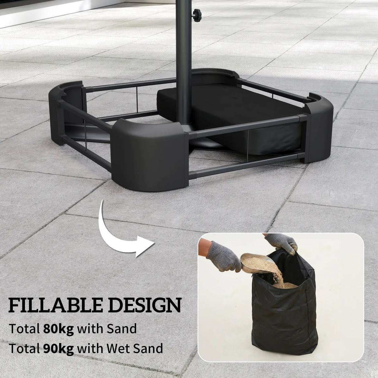 Outsunny Garden Parasol Base 80 kg Sand Filled Heavy Duty Stand for Cantilever Umbrellas and 48 mm Poles Black
