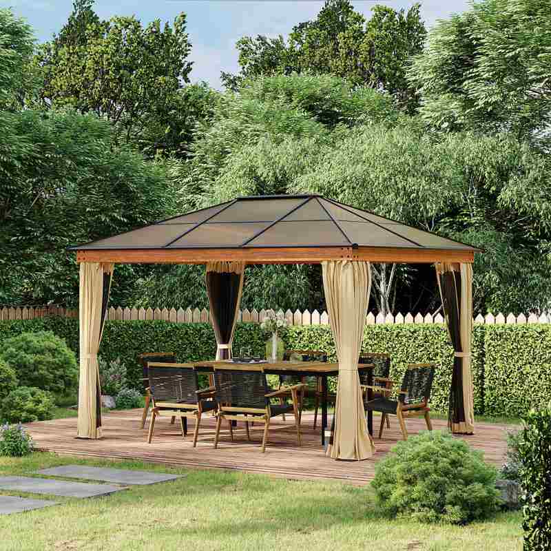 Outsunny 3 x 3.6 m Hardtop Gazebo Canopy, Polycarbonate Roof Garden Pavilion with Aluminium and Steel Frame, Nettings and Sidewalls for Garden, Patio, Khaki