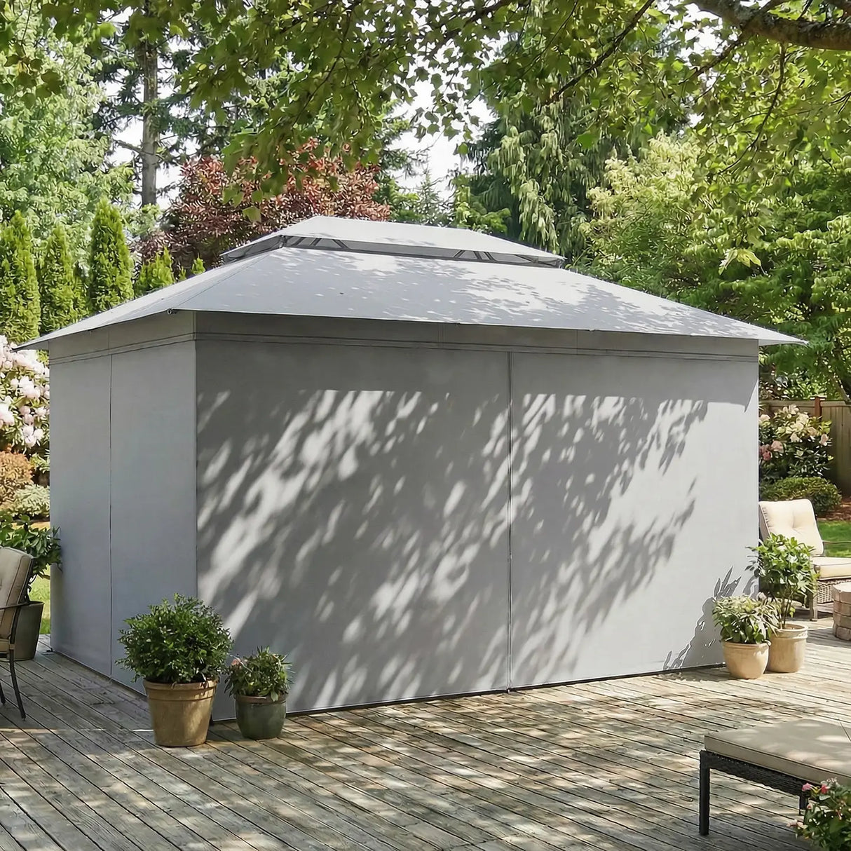 Outsunny 3 x 4 m Outdoor Garden Gazebo with Netting and Curtains, UPF50+ Patio Gazebo Permanent Pavilion Canopy, Dark Grey