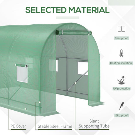 Outsunny 3.5 x 2m Walk-In Polytunnel Greenhouse, with Steel Frame, PE Cover, Roll-Up Door and 6 Windows, Green