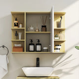 HOMCOM Bathroom Mirror Cabinet with Open Storage Shelves - Natural Wood Finish