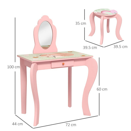 ZONEKIZ Kids Dressing Table with Mirror, Stool, Drawer, Cute Animal Design - Pink