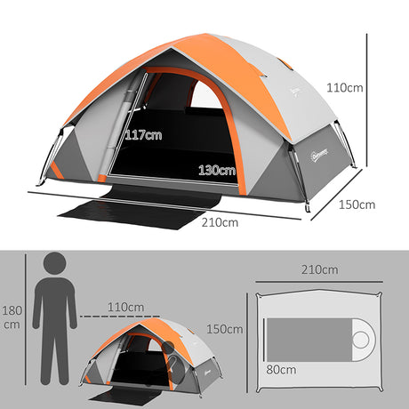 Outsunny Two Man Single Room Dome Tent, with Accessories - Orange/Grey
