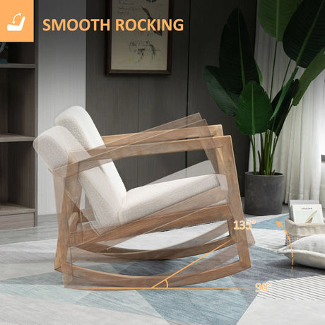 HOMCOM Rocking Chair, Upholstered Sofa Armchair with Cushion and Wood Base for Living Room and Bedroom, Cream White