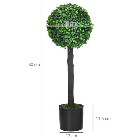 HOMCOM Set of 2 Artificial Plants Boxwood Ball Trees in Pot Fake Plants for Home Indoor Outdoor Decor, 20x20x60cm, Green