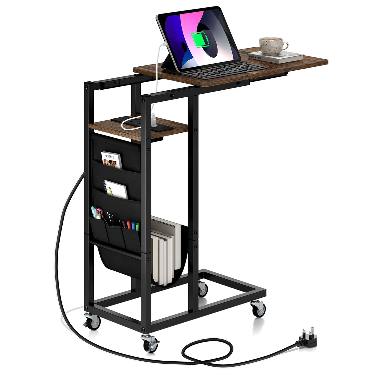 C-shaped End Table Rolling with Charging Station and Retractable Tabletop-Rustic Brown