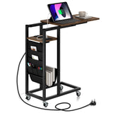 C-shaped End Table Rolling with Charging Station and Retractable Tabletop-Rustic Brown