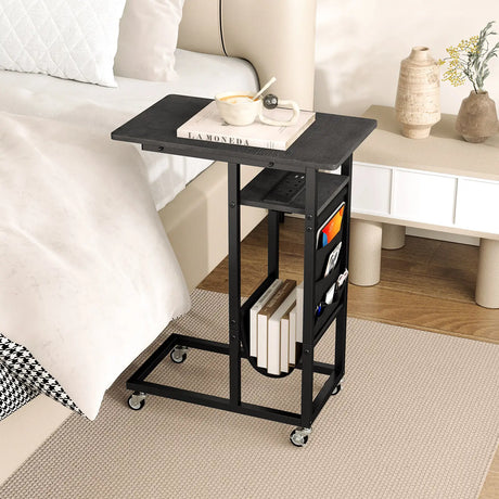 C-shaped End Table Rolling with Charging Station and Retractable Tabletop-Black