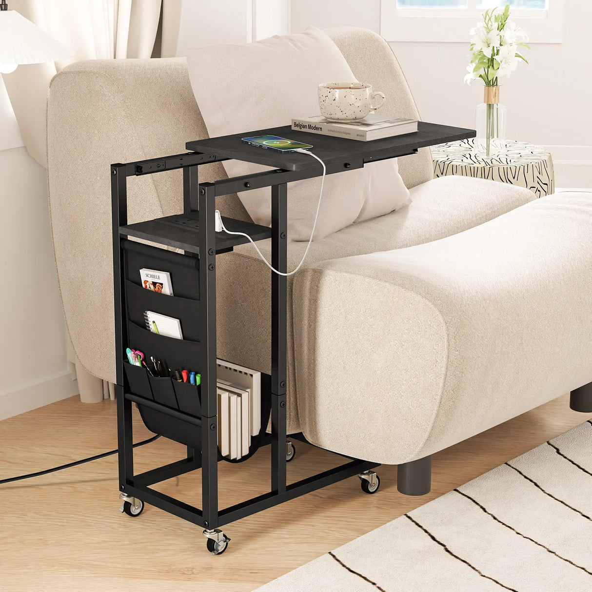 C-shaped End Table Rolling with Charging Station and Retractable Tabletop-Black