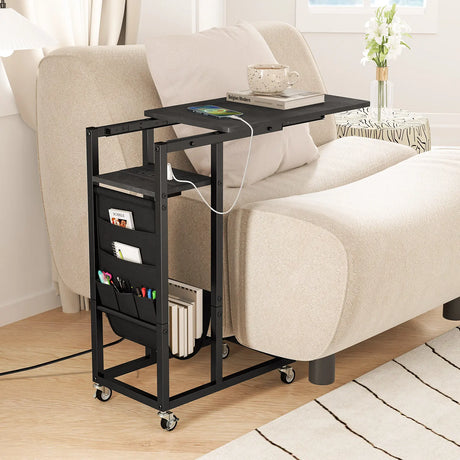 C-shaped End Table Rolling with Charging Station and Retractable Tabletop-Black
