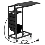 C-shaped End Table Rolling with Charging Station and Retractable Tabletop-Black