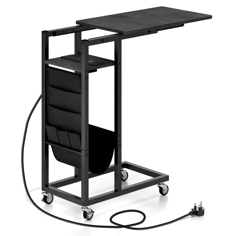 C-shaped End Table Rolling with Charging Station and Retractable Tabletop-Black