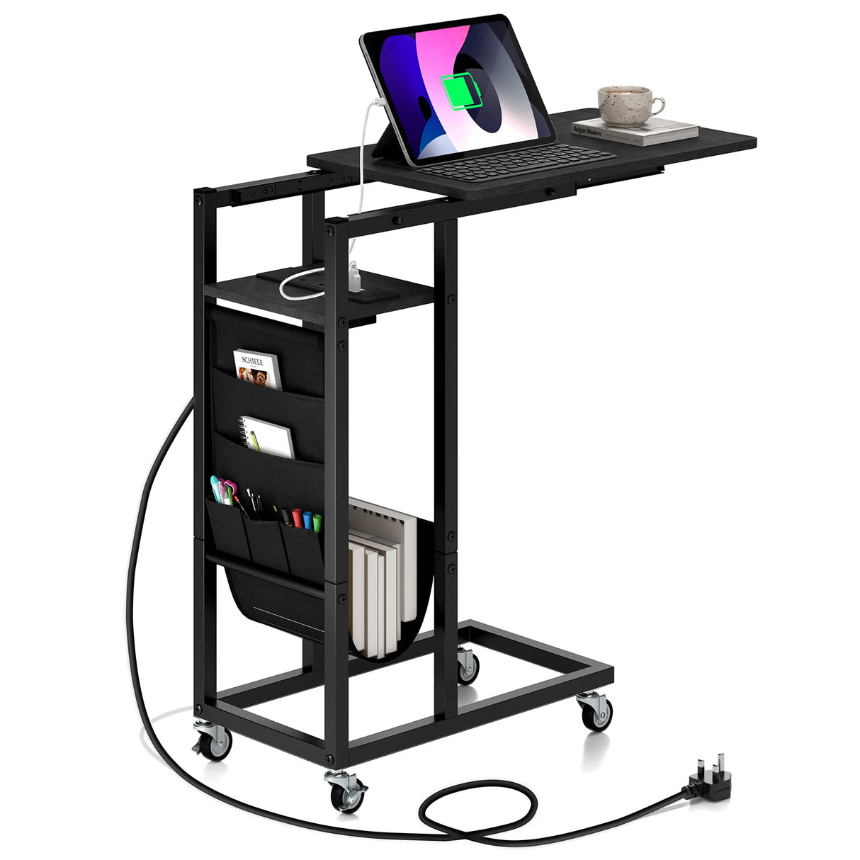 C-shaped End Table Rolling with Charging Station and Retractable Tabletop-Black