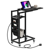 C-shaped End Table Rolling with Charging Station and Retractable Tabletop-Black