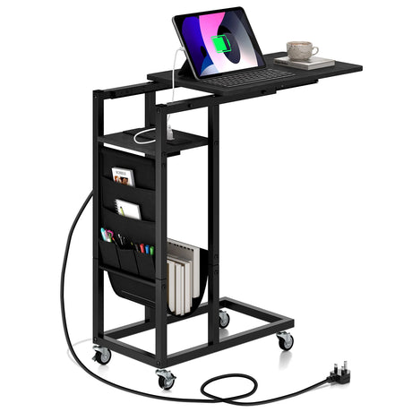 C-shaped End Table Rolling with Charging Station and Retractable Tabletop-Black