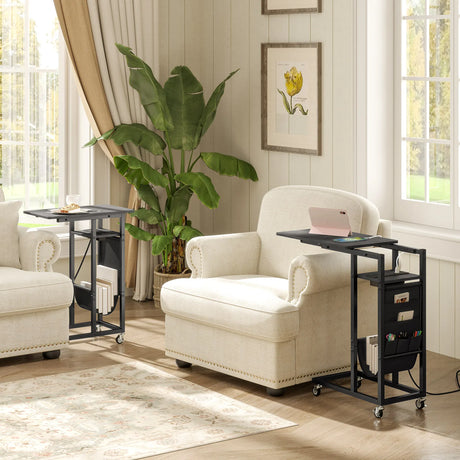 C-shaped End Table Rolling with Charging Station and Retractable Tabletop-Black