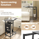 C-shaped End Table Rolling with Charging Station and Retractable Tabletop-Black