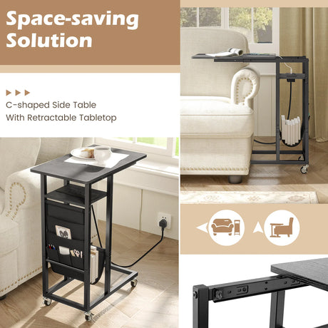 C-shaped End Table Rolling with Charging Station and Retractable Tabletop-Black