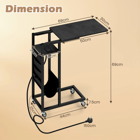 C-shaped End Table Rolling with Charging Station and Retractable Tabletop-Black
