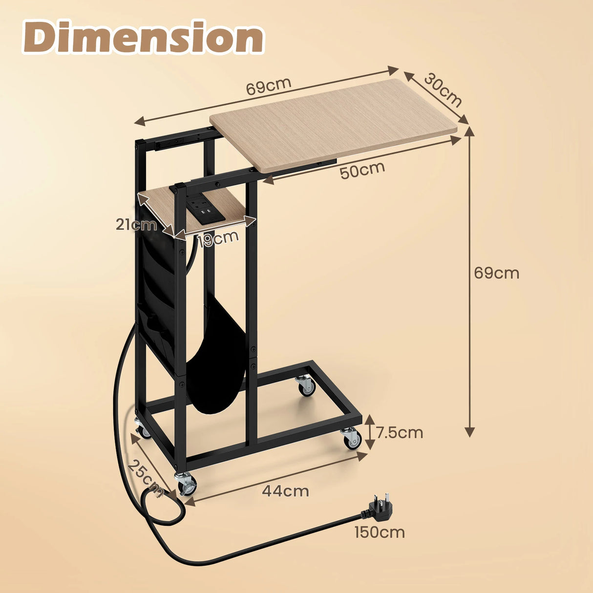 C-shaped End Table Rolling with Charging Station and Retractable Tabletop-Natural
