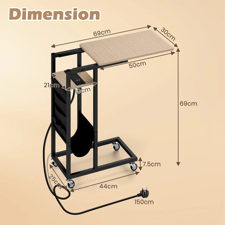 C-shaped End Table Rolling with Charging Station and Retractable Tabletop-Natural
