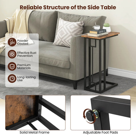 C-Shaped Side Table Compact Sofa Side Table for Small Space-Rustic Brown