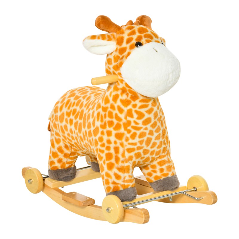 HOMCOM 2 In 1 Kids Todder Rocking Horse Plush Ride On Giraffe Rocker with Wheels Wooden Base Animal Sounds for 3-6 Years