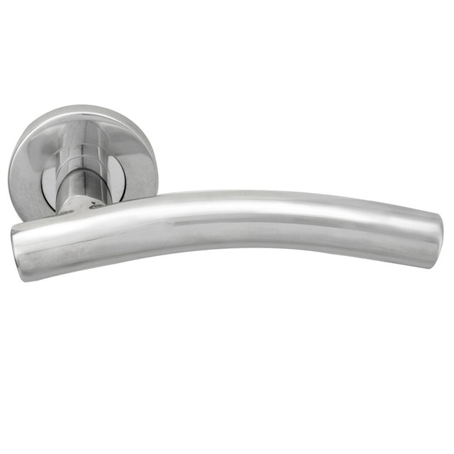 CURVED LEVER ON SPRUNG PUSH-ON ROUND ROSE - BRIGHT STAINLESS STEEL - PAIR