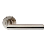 MITRED OVAL LEVER ON SPRUNG PUSH-ON ROUND ROSE - SATIN STAINLESS STEEL - PAIR