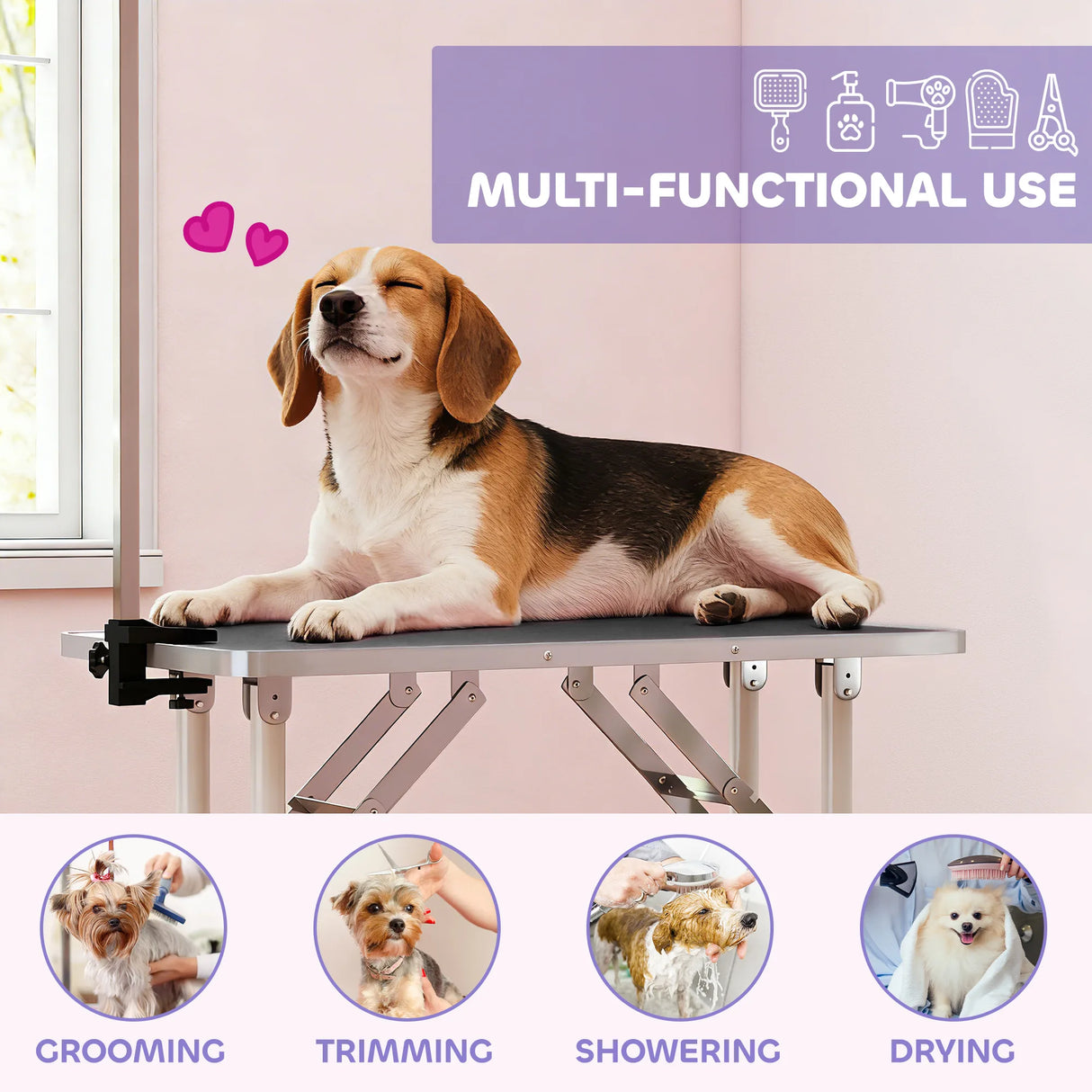 PawHut 32" Foldable Dog Grooming Table Pet Drying Beauty Table Adjustable Fixed Arm Rubber Top, Black