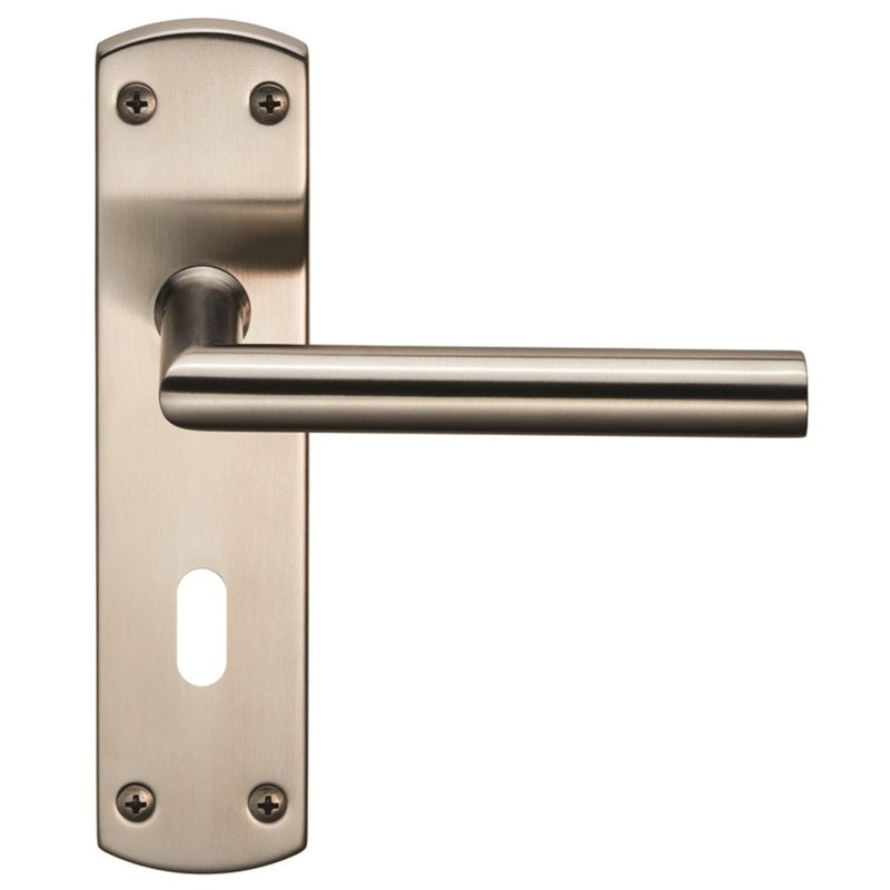 MITRED LEVER ON FACE-FIX BACKPLATE - LOCK 57MM - SATIN STAINLESS STEEL - SET