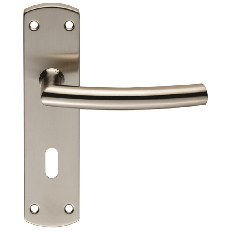 ARCHED LEVER ON FACE-FIX BACKPLATE - LOCK 57MM - SATIN STAINLESS STEEL - SET