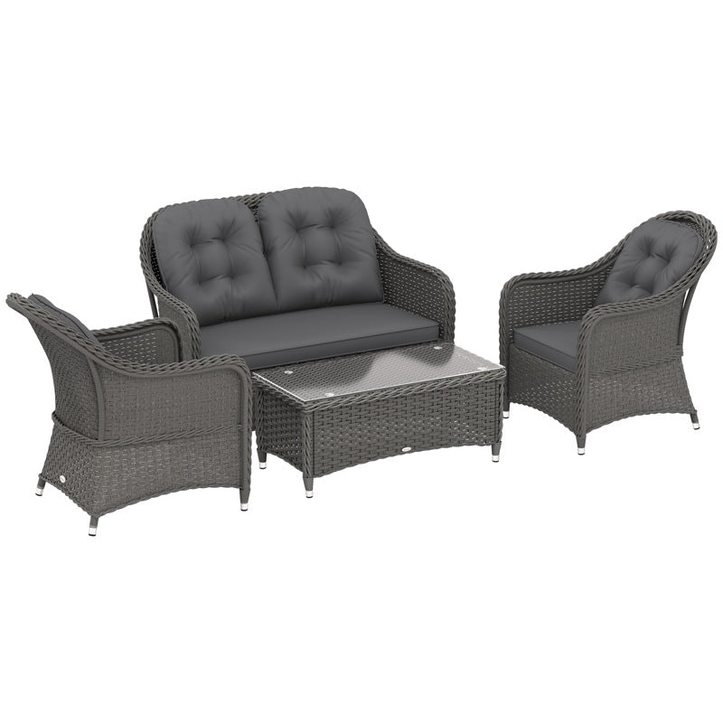 Outsunny Four-Piece Rattan Sofa Set, with Glass-Top Table - Light Grey