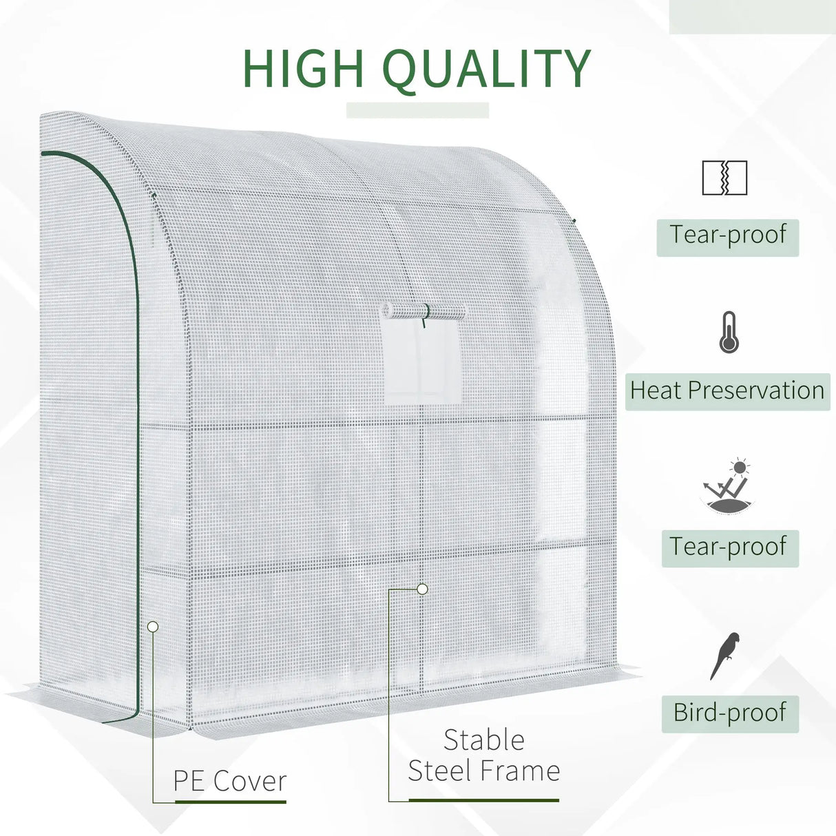 Outsunny Walk-In Lean to Wall Greenhouse with Windows and Doors, Outdoor Green House with 3 Tiers 4 Wired Shelves, 200L x 100W x 215Hcm, White