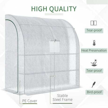 Outsunny Walk-In Lean to Wall Greenhouse with Windows and Doors, Outdoor Green House with 3 Tiers 4 Wired Shelves, 200L x 100W x 215Hcm, White