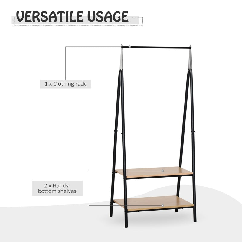 HOMCOM Clothes Rail, Freestanding Metal Clothes Rack with 2 Tier Storage Shelves for Bedroom and Entryway, 64 x 42.5 x 149 cm, Black Frame