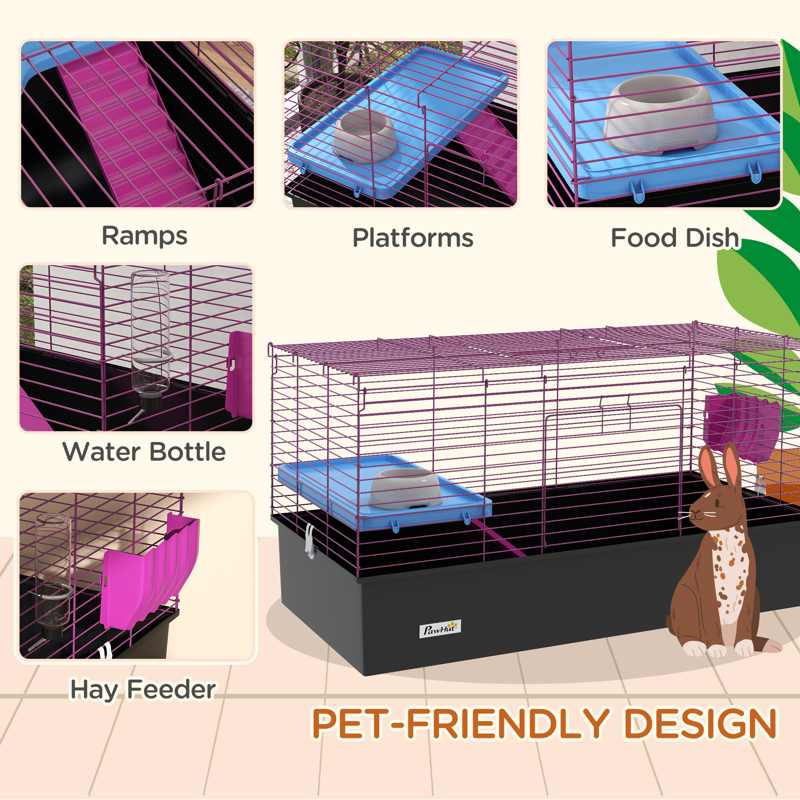 PawHut Chinchillas Small Rabbit Guinea Pig Small Animal Cage, Pet Playhouse, with Platform, Ramp, 99 x 52 x 53cm, Black