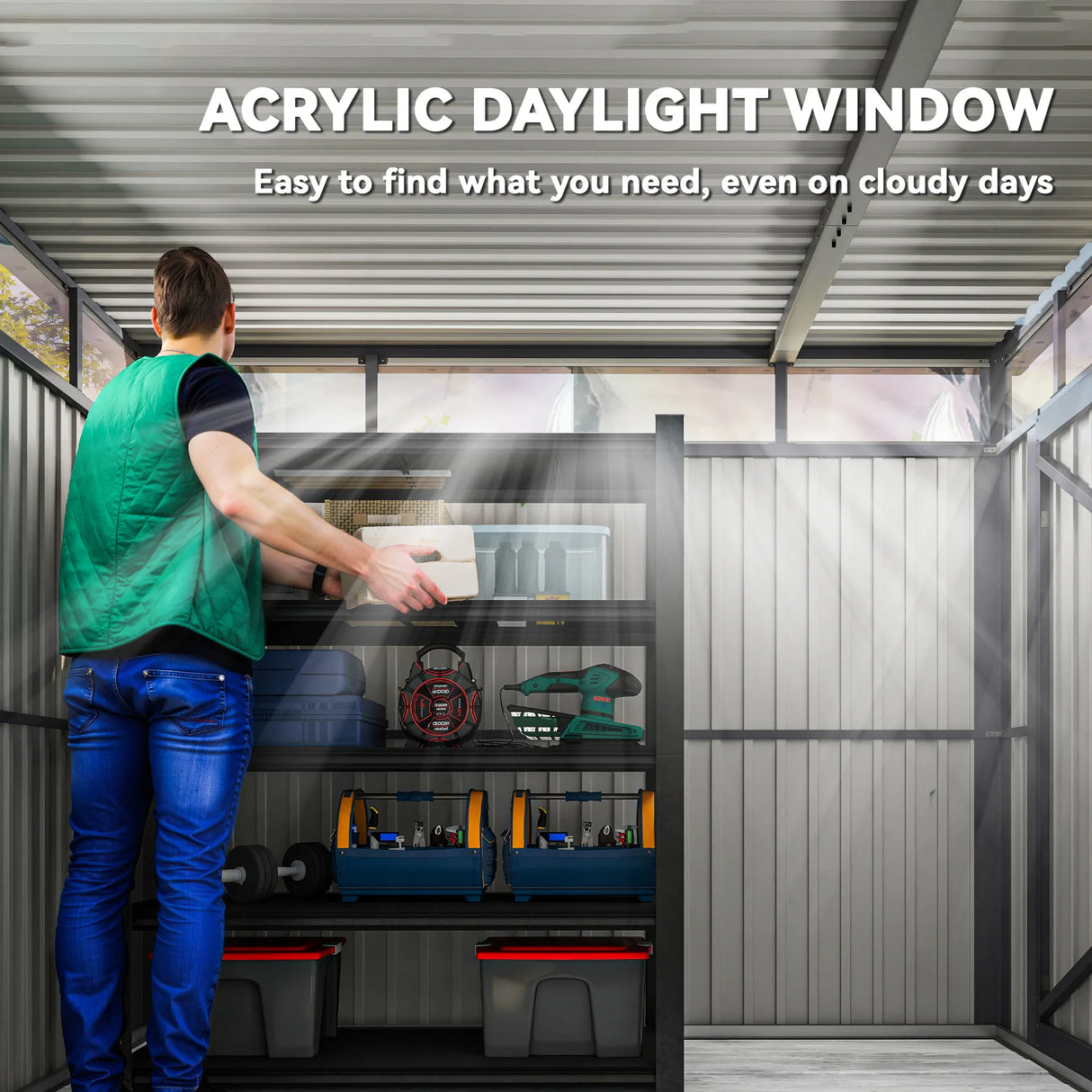 Outsunny 5.3 x 8.5ft Galvanised Steel Garden Shed, Metal Shed with Roof Windows, Leakage Holes and Lockable Wide Door for Outdoor Patio Tool Storage