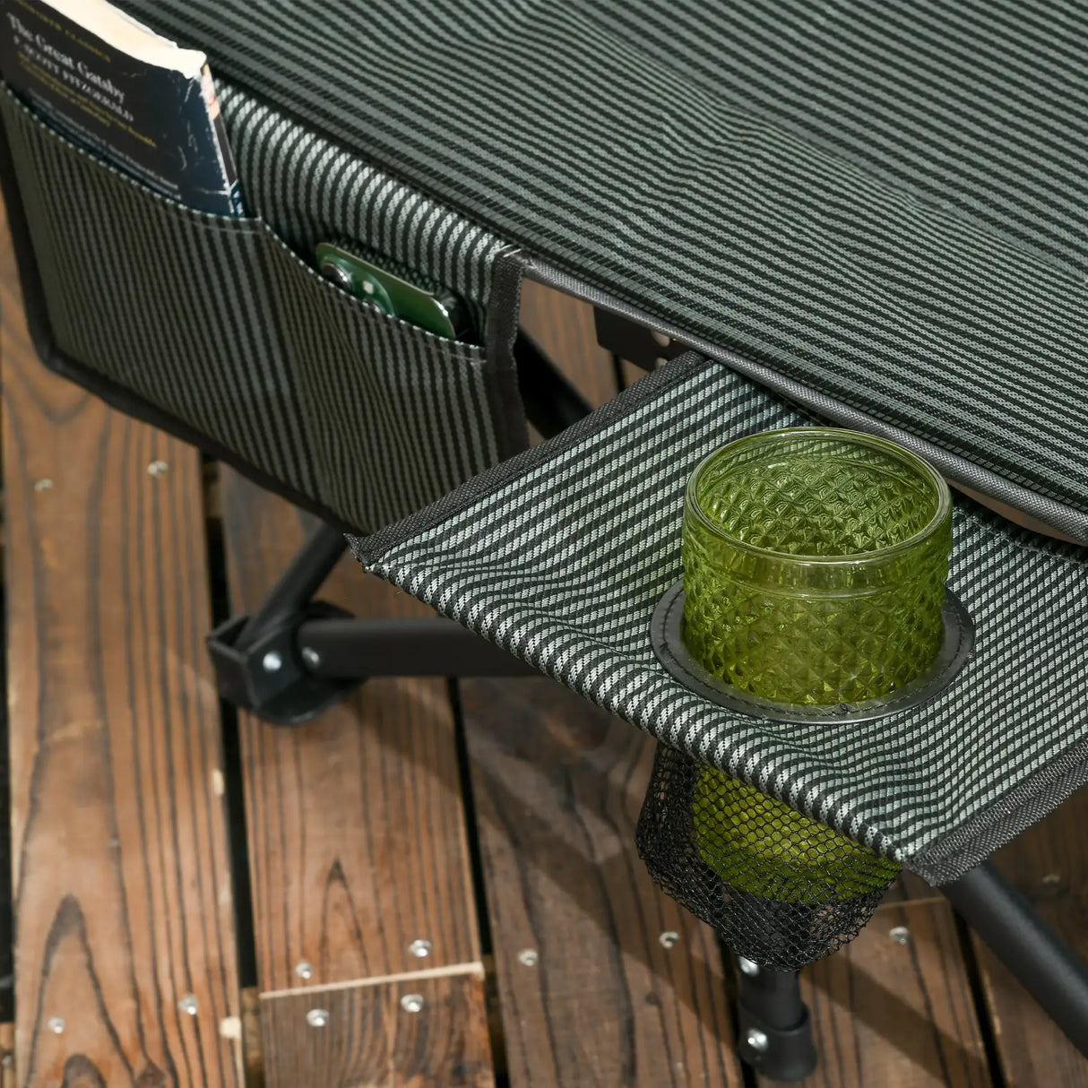 Outsunny Foldable Camp Bed, Padded Patio Camping Bed with Carry Bag, Magazine Bag and Cup Holder for Outdoor, Garden, Grey