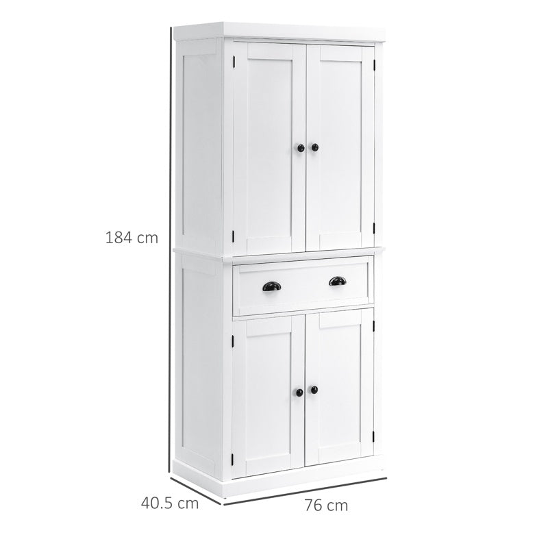 HOMCOM Freestanding Kitchen Cupboard, 184cm Tall Storage Cabinet with Doors and Shelves, Traditional Colonial 4-Door Kitchen Pantry Cupboard with Drawer, White