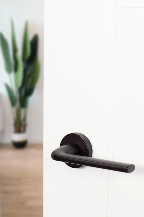 CleanTouch Anti-Bac Forme Milly Lever Door Handle on Minimal Round Rose - Matt Black - Set