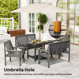 Outsunny 5 Piece Wooden Garden Dining Set for 6, Outdoor Conversation Set with 2 Armchairs, 2 Loveseats and Dining Table with Umbrella Hole for Patio, Balcony, Grey