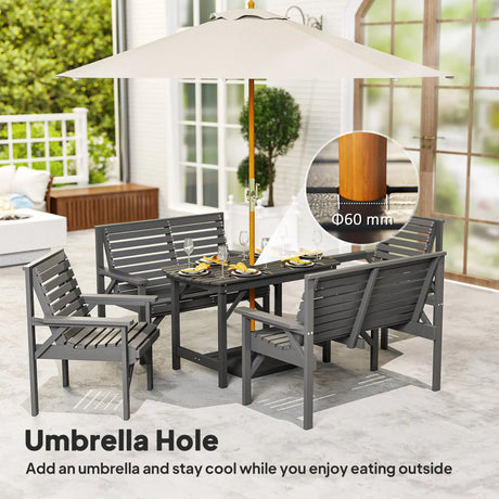 Outsunny 5 Piece Wooden Garden Dining Set for 6, Outdoor Conversation Set with 2 Armchairs, 2 Loveseats and Dining Table with Umbrella Hole for Patio, Balcony, Grey