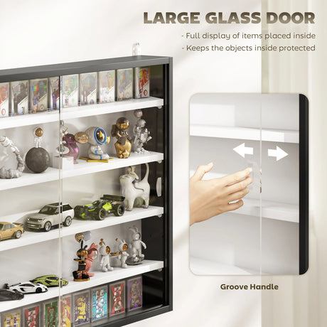 HOMCOM 5-Tier Wall Display Cabinet,  Wall Mounted Display Case w/ 4 Adjustable Shelves, Glass Doors, 60x80cm, Black and White