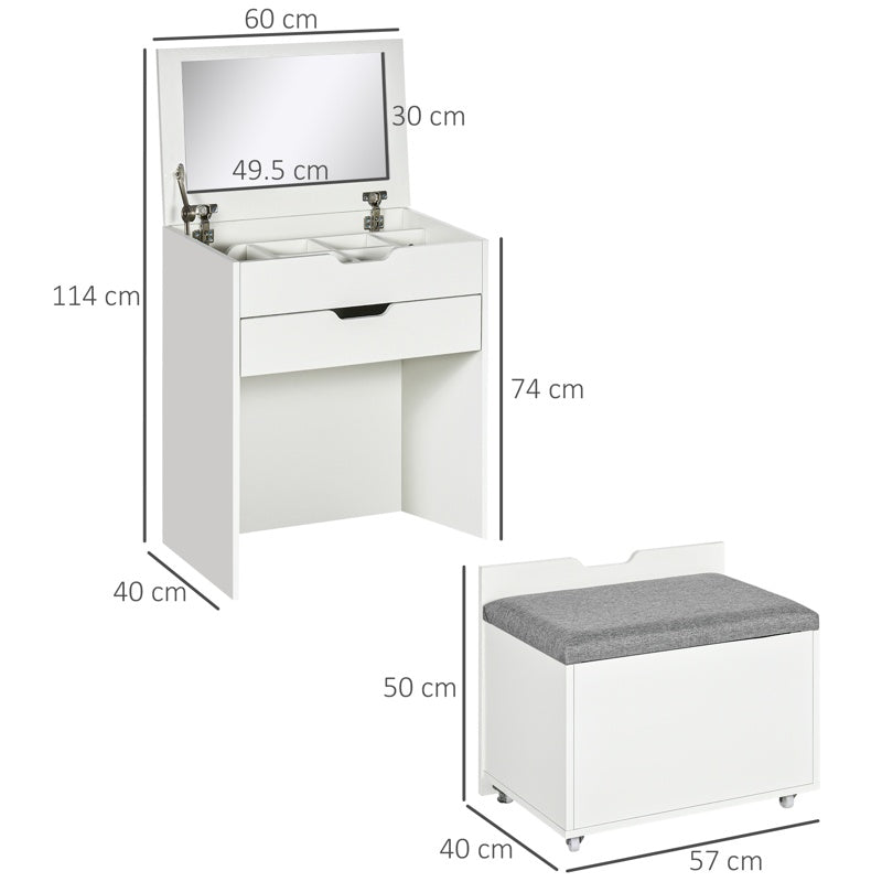 HOMCOM Dressing Table with Flip-up Mirror and Storage Stool, Vanity Table with Drawer and Hidden Compartments for Bedroom, Living Room, White