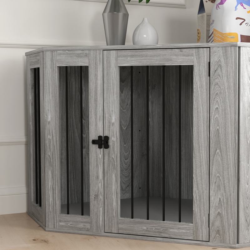 PawHut 2 in 1 Dog Crate Furniture Side Table, with Cushion, 122 x 61 x 71cm - Grey