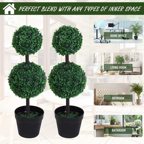 Outsunny Set of 2 Artificial Boxwood Ball Topiary Trees Potted Decorative Plant Outdoor and Indoor Décor (67cm)