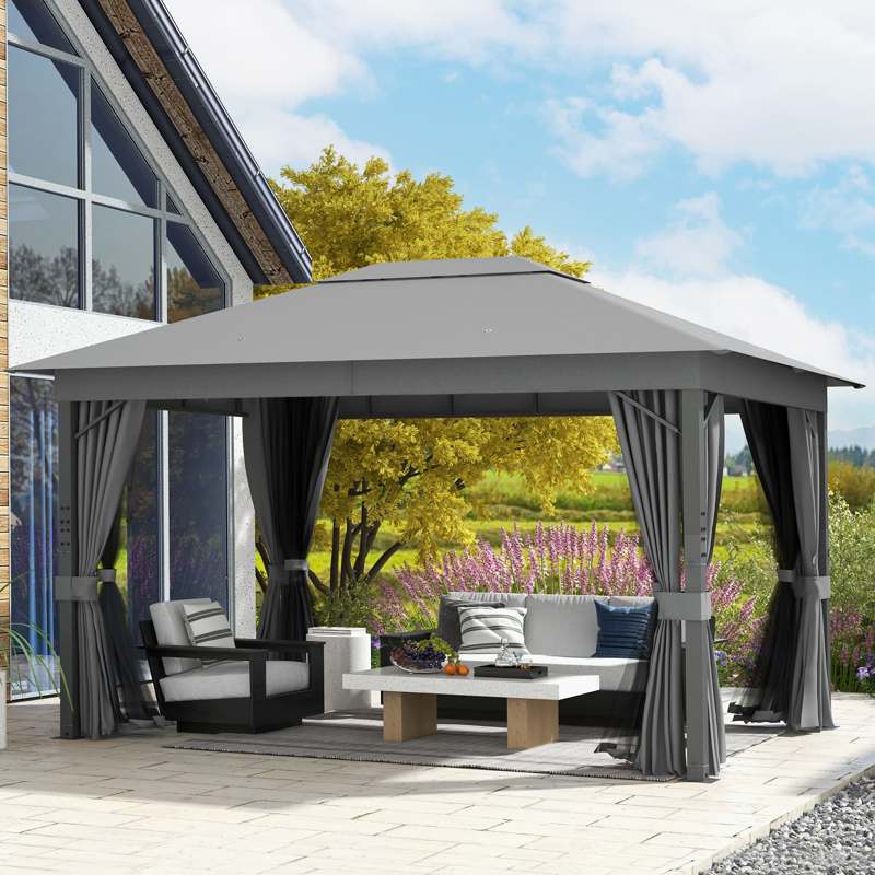 Outsunny 4 x 3(m) Patio Gazebo Canopy, with Vented Roof, Netting, Curtains, Aluminium Frame, Grey